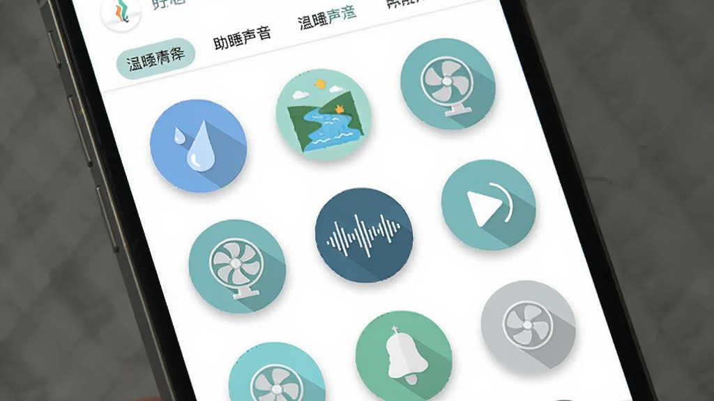 手机屏幕显示 Sleep-Tight 助眠声音库界面,排列着雨滴、溪流、风扇等圆形图标,其中一个正在播放并显示波形动画;布局为图标网格排列,顶部有分类标签;排版活泼有序;风格为清新扁平化设计;细节包含柔和的蓝绿色调和细腻的图标阴影;画质清晰,干净,无多余元素