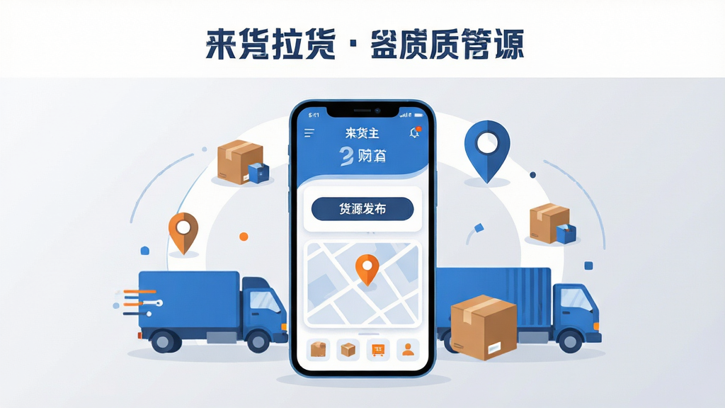 主体为一部竖屏智能手机,屏幕中央展示来货拉货主应用首页界面,包含货源发布按钮与地图定位模块,手机周围环绕货车、包裹纸箱与定位图标元素;布局采用居中构图,手机位于画面正中央,辅助元素呈环形分布;排版简洁明快,上方留白放置标题区域;风格为扁平化现代科技插画风,配色以蓝白为主、橙色点缀;细节包括界面卡片圆角、图标线性描边、背景浅灰渐变;画质高清,干净无多余元素