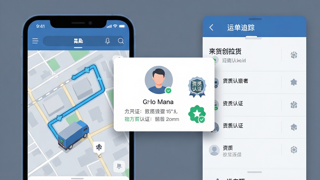 画面主体为来货拉货主应用内的运单追踪界面,手机屏幕显示地图路线与货车移动图标,旁边悬浮司机头像卡片与资质认证徽章;布局为左右分栏,左侧手机、右侧信息面板;排版层次分明,顶部为状态栏;风格为商务科技感插画,蓝灰主色调搭配绿色认证标识;细节包含地图网格线、路线高亮描边、卡片阴影;画质清晰,干净无杂乱元素