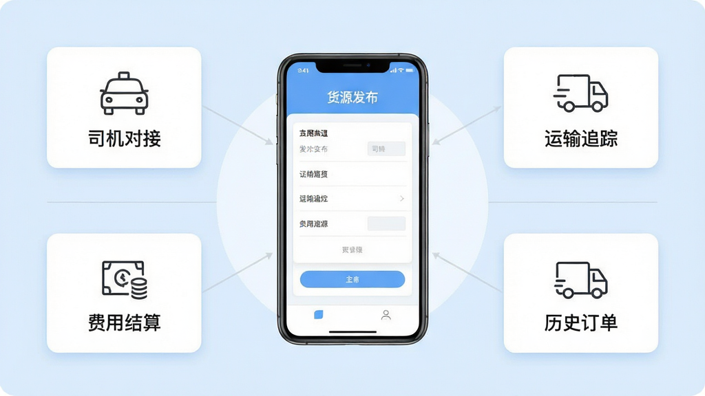 画面主体为来货拉货主应用功能模块示意图,中央为手机界面展示货源发布表单,四周以卡片形式列出司机对接、运输追踪、费用结算、历史订单四个模块图标;布局为环形辐射式构图,手机居中;排版整齐对称,模块卡片等距排列;风格为简洁信息图风格,浅蓝底色搭配白色卡片;细节包含线性图标、圆角卡片、浅灰分割线;画质清晰,干净无多余装饰