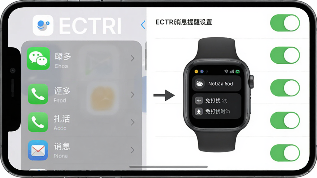 手机屏幕显示ECTRI消息提醒设置页面,左侧为应用图标列表,右侧为开关按钮,中间有箭头指向智能手表屏幕显示通知内容,布局左右分栏,风格为简约扁平化设计,细节包括微信、短信、来电图标和免打扰时段设置框,画质清晰干净,无多余元素