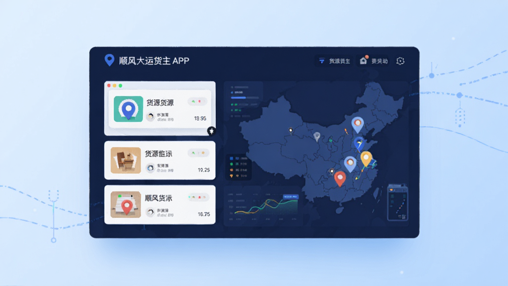 画面主体是一块悬浮在空中的数字信息面板,面板上显示顺风大运货主APP的货源列表和地图标记点,布局为居中构图,背景是浅蓝色渐变科技风,细节包括多个货源卡片、定位图标、数据线条,风格为扁平化科技插画,画质清晰,干净,无多余元素