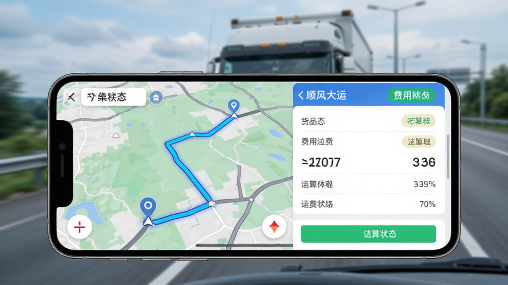 画面主体是一部手机显示顺风大运货主APP的导航地图和运费结算页面,布局为左右分屏构图,左侧是地图路线,右侧是费用明细列表,背景是货车行驶在高速公路上的虚化场景,风格为商业科技摄影,细节包括路线高亮、金额数字、结算状态标签,画质清晰,干净,无多余元素