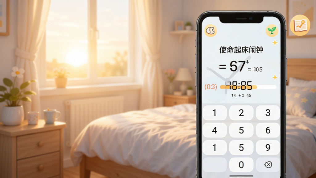 使命起床闹钟任务关闭界面,手机屏幕显示一道数学计算题与数字键盘,背景为清晨卧室柔和光线,布局突出题目区域与输入区域,风格活泼明快,细节包含倒计时进度条与任务图标,画质清晰干净无多余元素