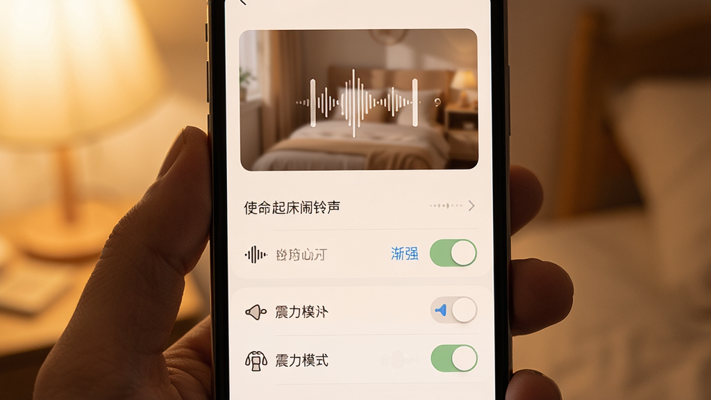 使命起床闹钟铃声设置界面,手机屏幕显示铃声列表与音量渐强开关,布局为上方预览区域下方设置选项列表,风格柔和温馨,细节包含波形图标与震动模式开关,画质清晰干净无多余元素