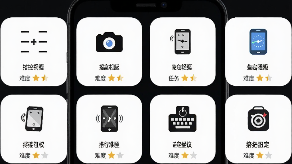 使命起床闹钟任务类型选择页面,手机屏幕以网格形式排列算术题、相机、摇动手机、键盘打字等任务图标,布局为两列三行圆角卡片,风格现代简约,细节包含每个图标下方的任务名称与难度星级,画质高清干净无杂乱元素