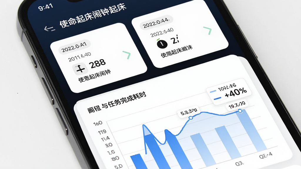 使命起床闹钟起床数据统计页面,手机屏幕显示一周起床时间柱状图与任务完成耗时折线图,布局上方为数据卡片下方为图表区域,风格清爽专业,细节包含日期标签与数据数值标注,画质清晰干净无多余装饰