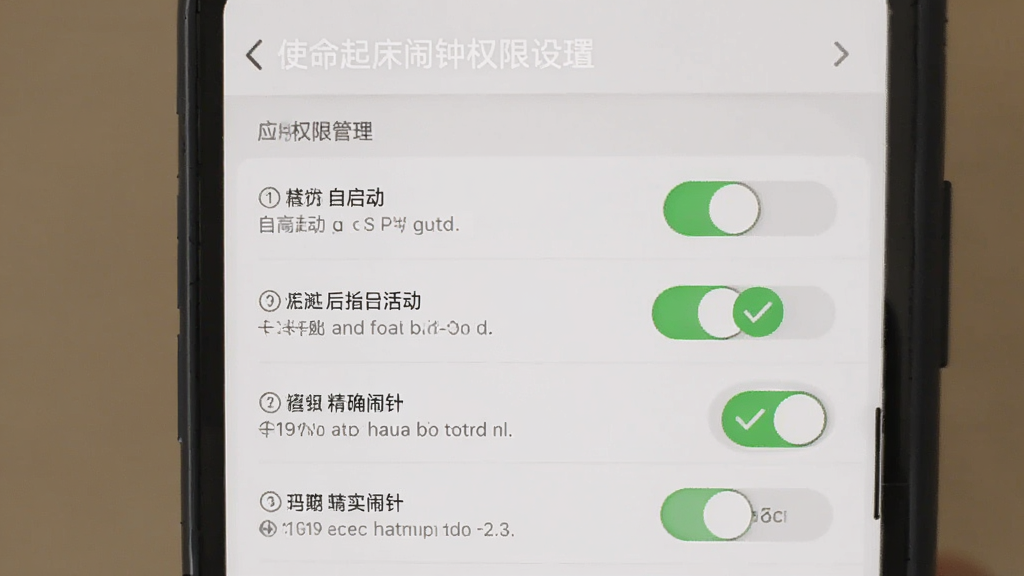 使命起床闹钟权限设置示意图,手机屏幕显示应用权限管理页面,布局为权限列表与开关按钮,风格简洁明了,细节包含自启动、后台活动、精确闹钟等权限项与绿色勾选标记,画质清晰干净无多余元素