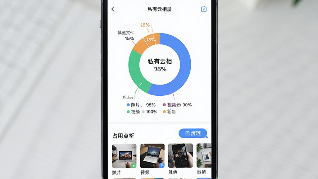 画面主体是手机屏幕显示“私有云相册”存储空间分析环形图界面,环形图分色块标注照片、视频、其他文件占比,下方列有占用较大的相册缩略图,布局为上下结构居中,风格为清爽数据可视化风,细节包含百分比数字、色块图例、清理按钮,画质清晰干净,无多余元素