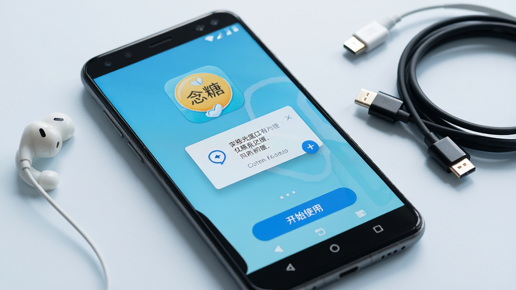 一部安卓手机屏幕显示“念糖”应用安装完成后的欢迎界面,画面包含应用图标、权限请求弹窗和“开始使用”按钮,背景为简洁的浅蓝色桌面,旁边放置耳机与充电线,风格写实清晰,细节到位,画质高清,画面干净