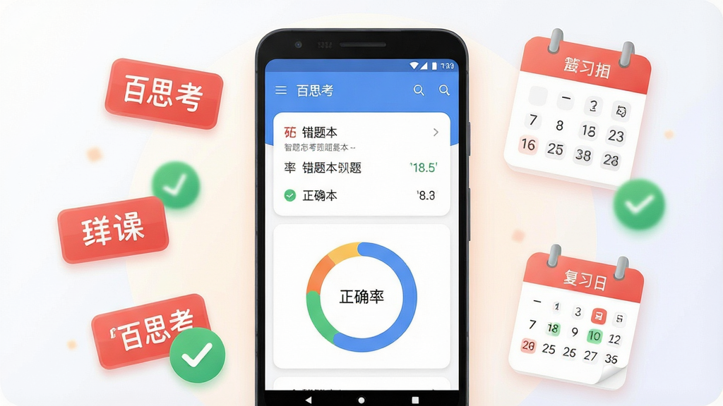 一张展示智能错题复盘界面的手机应用场景图,主体为居中放置的安卓手机,屏幕显示“百思考”错题本列表与正确率环形图,手机周围环绕红色错题标签、绿色对勾图标与复习日历,布局为环绕式构图,风格为简洁教育类插画,细节包含柔和光线、圆角卡片与清晰的数据图表,画质高清,画面干净,无多余元素