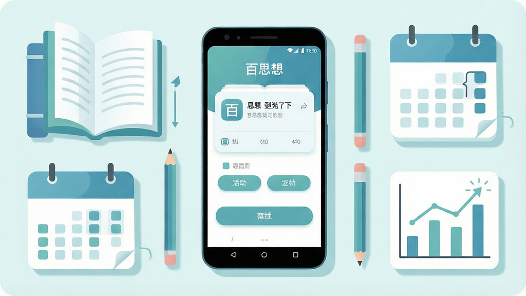 一张展示手机学习场景的插画,主体是一部居中摆放的安卓手机,屏幕上显示“百思考”刷题界面,包含题目卡片与选项按钮,手机两侧环绕书本、铅笔、日历与进度图表等学习元素,布局为左右对称环绕式构图,排版清晰突出手机主体,风格为清爽扁平化插画,细节包括柔和的蓝绿色调、圆角卡片与细腻阴影,画质高清,画面干净,无多余元素