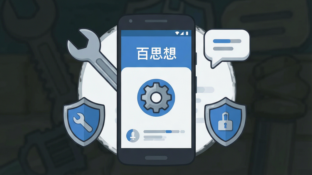 一张手机应用问题排查主题的插画,主体为一部安卓手机,屏幕显示“百思考”运行界面与设置齿轮图标,手机周围环绕扳手、盾牌与提示气泡元素,布局为居中环绕构图,风格为简洁工具类插画,细节包含蓝灰配色、圆角图标与清晰界面,画质高清,画面干净,无多余元素