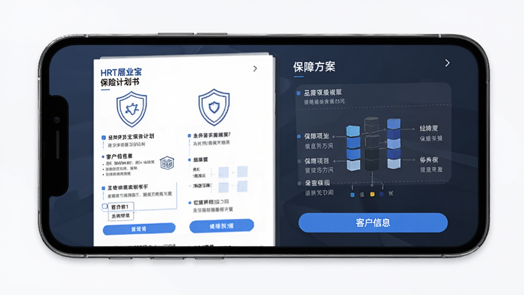 HRT展业宝 保险计划书生成界面 主体为手机屏幕展示图文计划书预览 布局包含客户信息栏和保障方案图表 排版清晰 风格专业稳重 细节有蓝色高亮按钮和保障项目列表 画质高清 干净 无多余元素