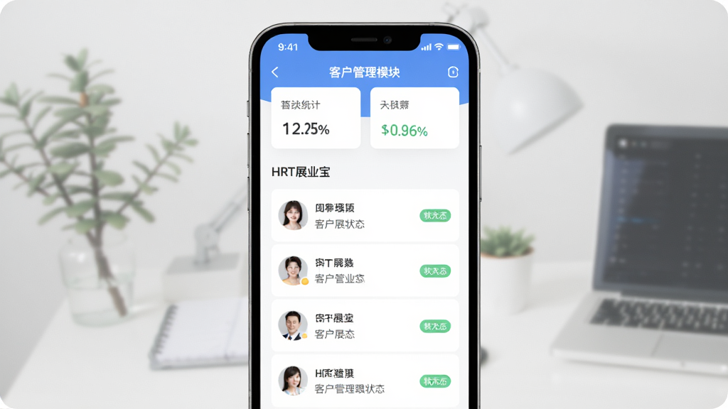 HRT展业宝 客户管理模块界面 主体为手机屏幕显示客户列表与跟进状态 布局为顶部统计卡片加下方客户条目 排版规整 风格清新简洁 细节包括头像图标和状态标签 画质清晰 干净 无多余元素