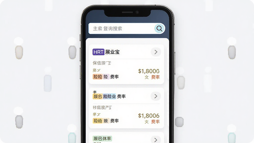 HRT展业宝 产品资料查询功能展示 主体为手机屏幕显示保险产品列表 布局为上下结构 上方搜索框 下方卡片式产品条目 排版整齐 风格简洁商务 细节包括彩色险种标签和费率文字 画质清晰 干净 无多余元素