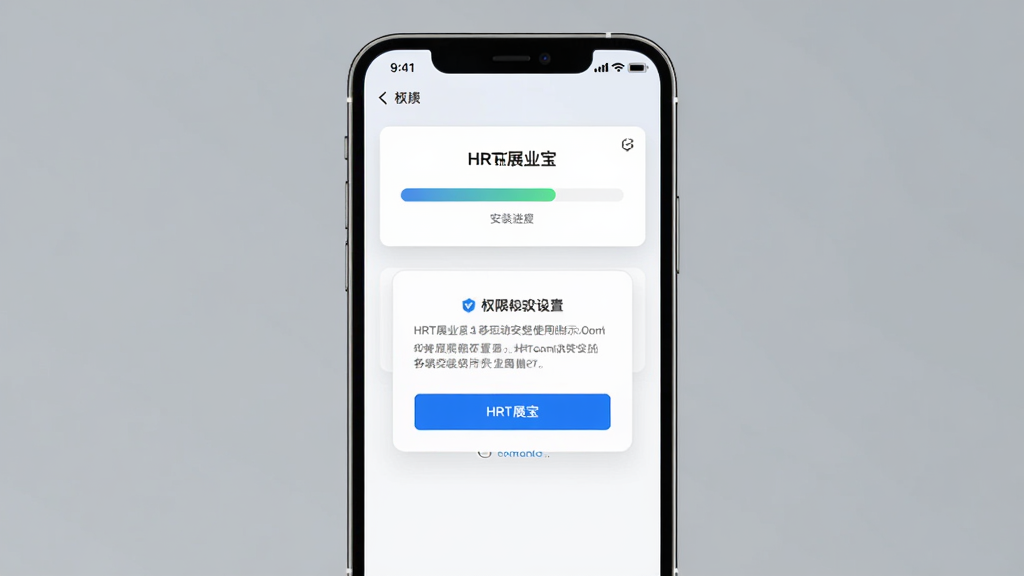 HRT展业宝 移动端安装使用示意图 主体为手机屏幕显示安装进度条与权限设置弹窗 布局为居中卡片式 排版简洁 风格清爽现代 细节包括蓝色按钮和提示文字 画质清晰 干净 无多余元素