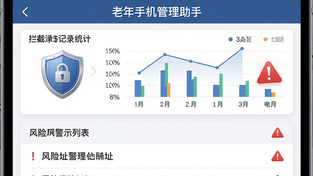 画面主体为“老年手机管理助手”的安全防护中心界面特写,布局以上下结构呈现,上方为拦截记录统计图表,下方为风险网址警示列表,排版清晰,风格稳重安全,细节包含盾牌图标与警示感叹号元素,画质高清,画面干净,无多余元素