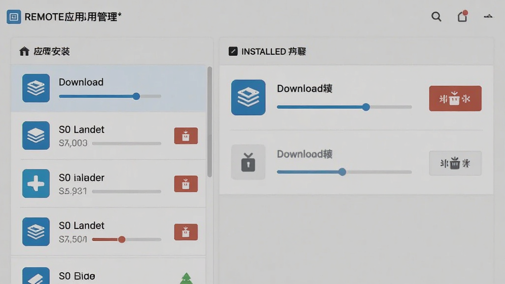 画面主体为远程应用管理界面,布局为左右分栏,左侧为应用安装列表,右侧为已安装应用管理面板,排版整齐,风格简洁实用,细节包含下载进度条与卸载按钮的图标示意,画质清晰,画面干净,无多余元素