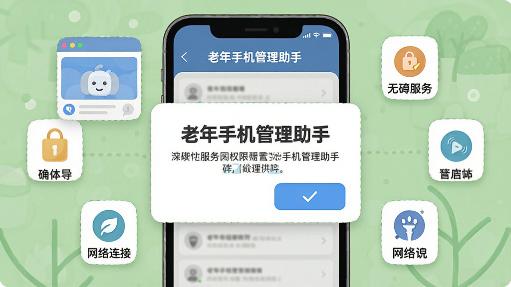 画面主体为“老年手机管理助手”的权限设置引导界面截图风格插画,布局为手机屏幕中央弹出权限请求对话框,周围环绕着悬浮窗、无障碍服务、网络连接等图标标识,排版清晰,风格友好引导式,细节包含大号字体提示语与勾选确认按钮,画质高清,画面干净,无多余元素