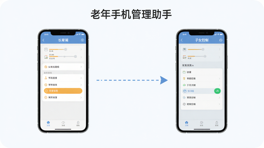 画面主体为两部智能手机通过“老年手机管理助手”进行远程连接的示意图,布局为一部手机屏幕显示长辈端界面,另一部手机屏幕显示子女端控制界面,中间用虚线箭头连接,排版简洁直观,风格扁平化科技风,细节包含屏幕上正在操作的设置步骤高亮显示,画质清晰,画面干净,无多余元素