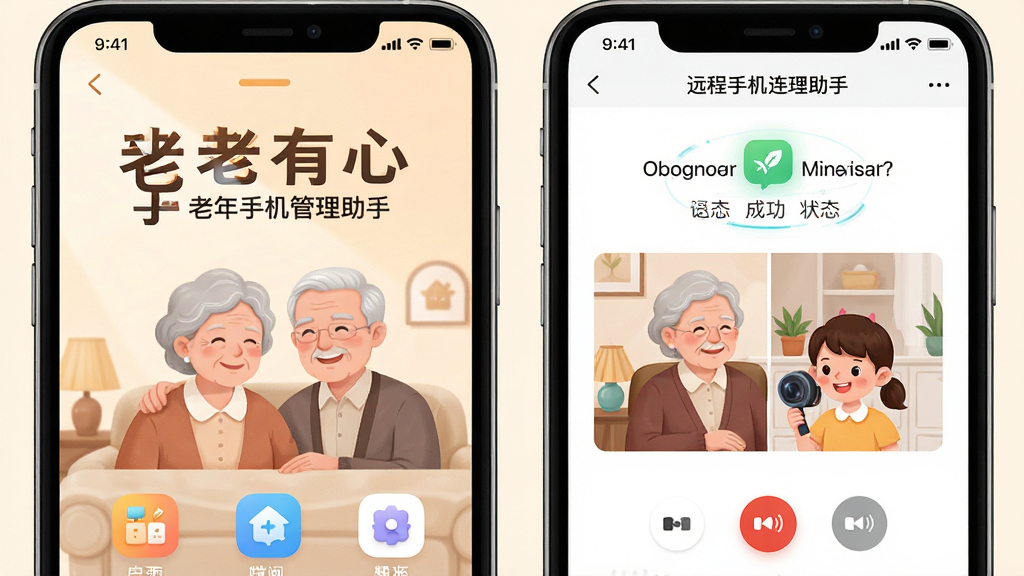 画面主体为一款名为“老年手机管理助手”的手机应用界面展示,布局采用左右分栏,左侧展示大字体大图标的简易桌面,右侧展示远程协助连接成功的状态界面,排版清晰有序,风格温馨科技感,细节包含老年夫妇与子女视频通话的插画元素,画质高清,画面干净,无多余元素