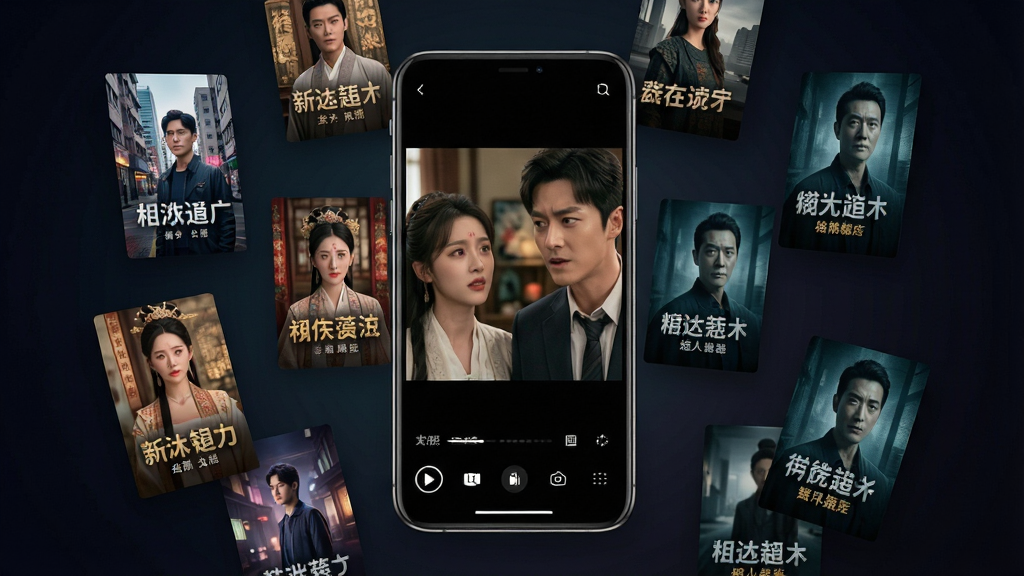 一张展示手机追剧场景的图片,画面中央是一部竖屏智能手机,屏幕中播放着短剧画面,手机周围环绕着多个悬浮的短剧封面海报,包含都市、古装、悬疑等不同题材元素,背景为深色渐变风格,整体布局简洁明快,排版突出手机主体与内容多样性,细节上强调屏幕内人物表情生动、海报色彩丰富,画质清晰干净,无多余装饰元素