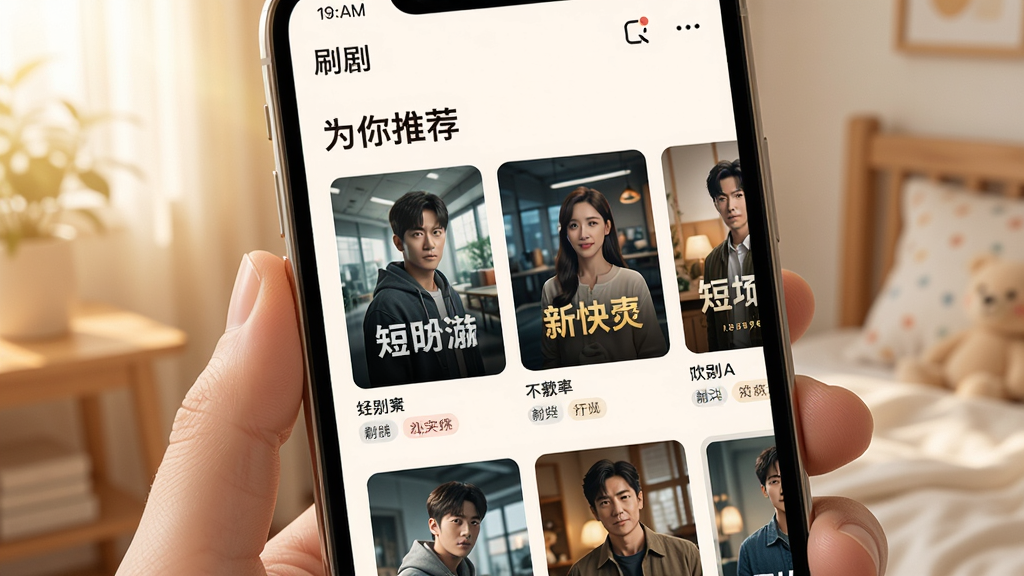 一部智能手机屏幕中展示个性化推荐页面,页面顶部有“为你推荐”文字标识,下方以卡片流形式排列多部短剧海报,海报下方配有剧名和题材标签,画面风格温馨明亮,布局采用纵向卡片列表,细节上海报图片清晰、文字排版整齐,画质干净清爽,软件名称“刷剧”出现在页面顶部栏