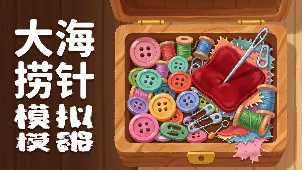 画面中央放置一个巨大的木质针线盒俯视图,盒内密密麻麻堆满彩色纽扣、线轴、别针和布料碎片,一根银色缝衣针斜插在角落的红色绒布上作为隐藏目标,画面左侧竖排白色粗体中文标题