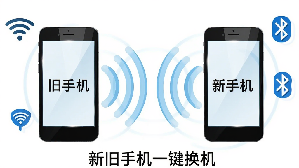 画面中两部手机通过无形的电波信号相连,信号以淡蓝色同心圆波纹呈现,手机屏幕分别显示“旧手机”和“新手机”字样,周围漂浮着WiFi图标和蓝牙图标,背景为纯白色,布局为左右对称构图,风格为简洁的矢量插画,细节上突出信号波纹的层次感和手机屏幕的高光反射,画质干净明亮,无多余装饰元素,图片底部居中写有“新旧手机一键换机”