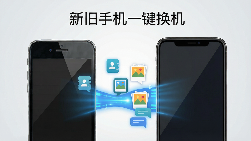 画面中心展示两部智能手机并排摆放,左侧为旧款手机,右侧为新款手机,两部手机屏幕之间有一条发光的蓝色数据流连接,数据流中漂浮着通讯录图标、照片缩略图、聊天气泡等元素,背景为干净的浅灰色渐变,整体布局简洁对称,采用扁平化科技插画风格,细节上突出手机边框的金属质感和数据流的光晕效果,画质清晰,画面干净,无多余元素,图片中央上方用简洁字体写着“新旧手机一键换机”