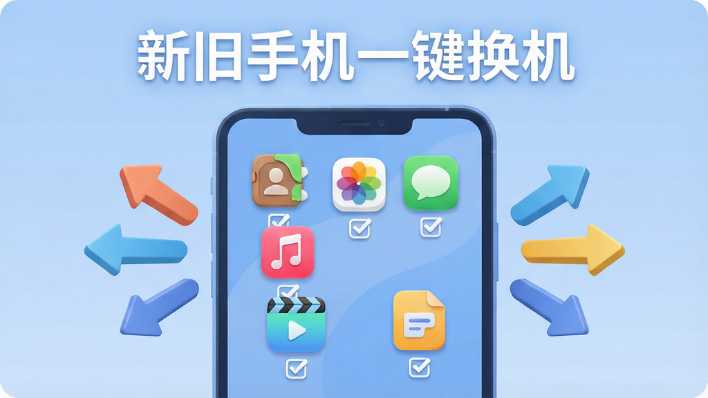 画面中央是一部打开的手机界面,屏幕上以网格形式排列着通讯录、相册、短信、音乐、视频、文档等彩色图标,每个图标下方带有勾选框,手机两侧有数据箭头向外发散,背景为柔和的浅蓝色,布局为居中对称式,风格为现代扁平化UI插画,细节上突出图标的圆角质感和勾选框的立体感,画质清晰锐利,画面干净整洁,图片顶部用白色字体写着“新旧手机一键换机”