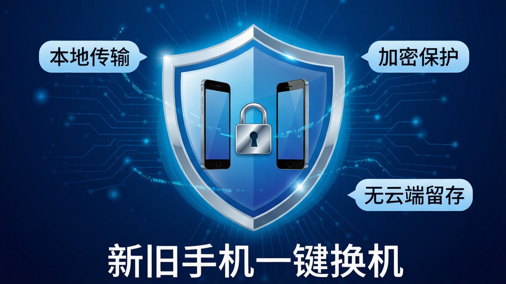 画面中央是一个发光的盾牌图标,盾牌内部有两部手机相向而立,中间用锁形图标连接,盾牌外围环绕着“本地传输”“加密保护”“无云端留存”三个标签,背景为深蓝色科技感渐变,布局为居中放射式构图,风格为安全主题的矢量插画,细节上突出盾牌的光泽质感和锁形图标的金属反光,画质精致清晰,画面干净利落,图片底部用白色字体写着“新旧手机一键换机”