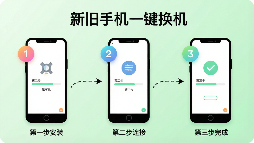 画面展示三部手机横向排列,分别对应“第一步安装”“第二步连接”“第三步完成”三个场景,每部手机屏幕显示对应的操作界面和数字序号,手机之间用虚线箭头串联,背景为浅绿色渐变,布局为横向等距排列,风格为清新简约的扁平插画,细节上突出序号圆圈的渐变色彩和手机屏幕内的进度条元素,画质干净柔和,无杂乱元素,图片上方写有“新旧手机一键换机”