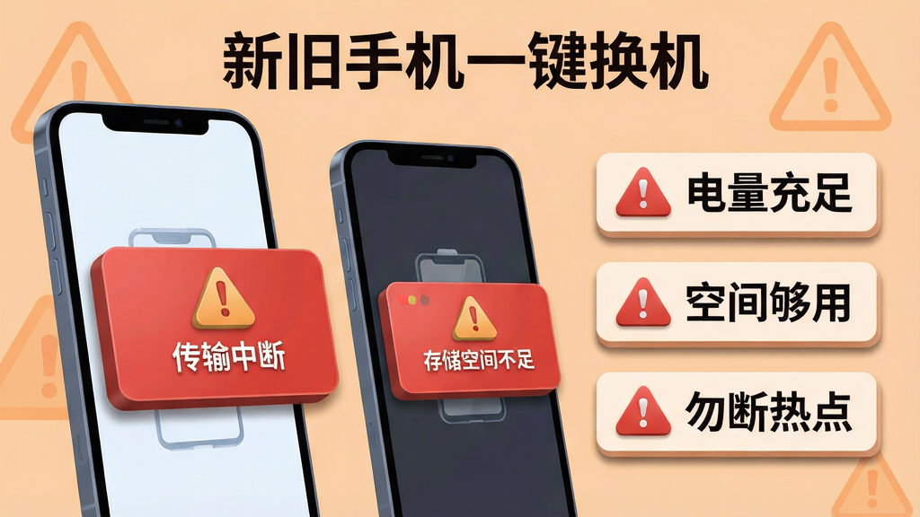 画面展示一部手机屏幕弹出“传输中断”的红色警告提示框,旁边有另一部手机显示“存储空间不足”的提示,画面右侧列出三条避坑要点:电量充足、空间够用、勿断热点,背景为浅橙色警示色调,布局为左右对比式构图,风格为信息图表插画,细节上突出警告图标的立体感和文字框的阴影效果,画质清晰醒目,画面干净无杂乱,图片顶部写有“新旧手机一键换机”