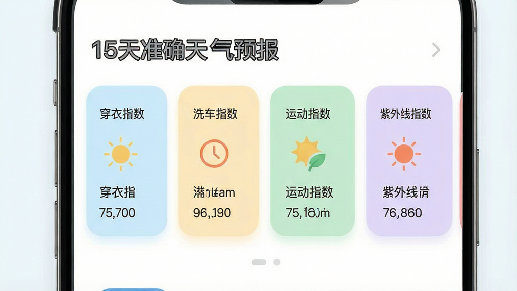 一张天气应用生活指数卡片的界面示意图,画面主体为手机屏幕下方排列的多张生活指数卡片,卡片上分别标注穿衣指数、洗车指数、运动指数与紫外线指数,每张卡片配有简单图标与简短文字说明,顶部保留“15天准确天气预报”应用名称,布局为横向滑动卡片式,风格为清新浅色UI,细节包含圆角边框与柔和底色,画质清晰,干净,无多余元素