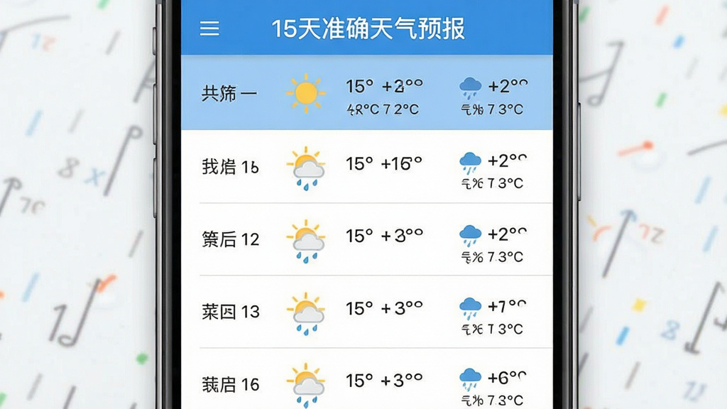 一张展示天气应用十五天趋势列表的界面截图风格图片,画面主体为手机屏幕中的纵向天气列表,每一行包含日期、天气图标、温度区间与降水概率,顶部有“15天准确天气预报”文字标识,布局为上下滚动式列表,风格为扁平化UI设计,细节包含分隔线与图标配色区分晴雨,画质清晰,干净,无多余元素