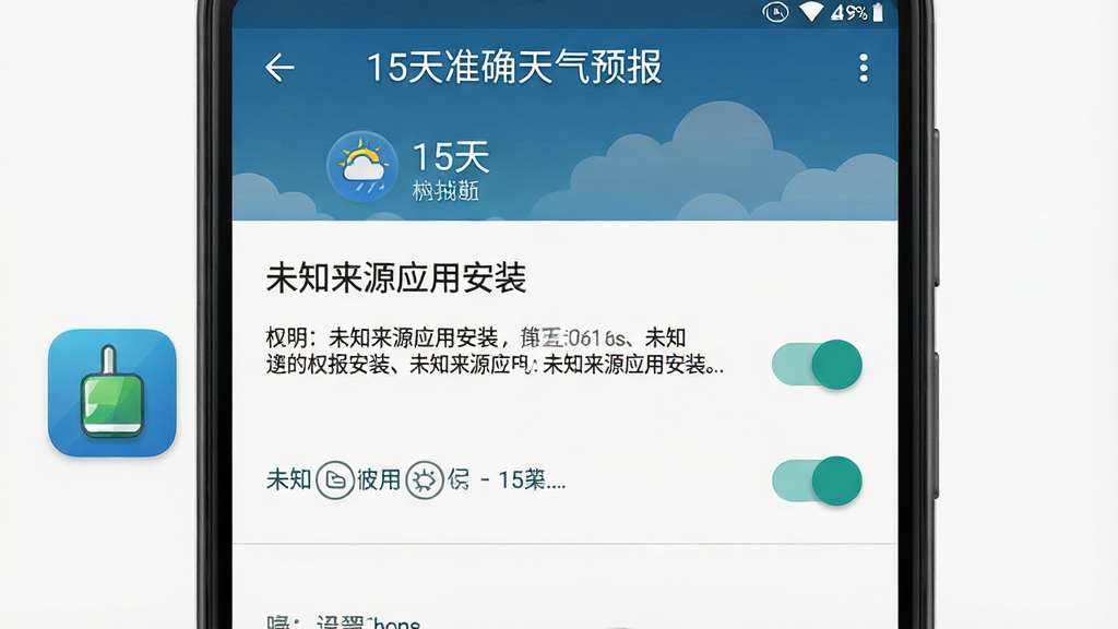 一张手机应用安装权限设置界面的示意图,画面主体为安卓手机屏幕中的“未知来源应用安装”权限开关页面,界面包含权限说明文字与开关按钮,旁边放置一个安装包图标,顶部有“15天准确天气预报”文字标识,布局为上下结构,风格为系统设置界面写实风格,细节包含提示文字与开关状态,画质清晰,干净,无多余元素