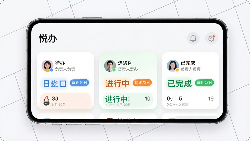 画面主体为“悦办”任务看板界面,手机屏幕显示三列任务卡片分别为待办、进行中、已完成,卡片上带有负责人头像与截止日期标签;布局为手机正面展示、背景点缀抽象网格线;风格为简洁效率工具风,细节上卡片圆角柔和、状态色区分明显;画质高清,画面干净无多余元素。