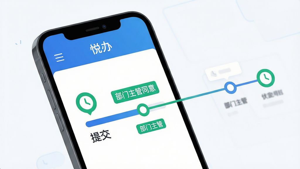 画面主体为“悦办”审批流程界面特写,手机屏幕显示一条请假申请从提交到部门主管同意的节点进度条,旁边配有绿色对勾与时钟图标;布局为手机居中、流程节点向右侧延展;风格为现代商务扁平插画风,细节上节点连线清晰、状态标签使用蓝绿配色;画质高清,画面干净无多余元素。