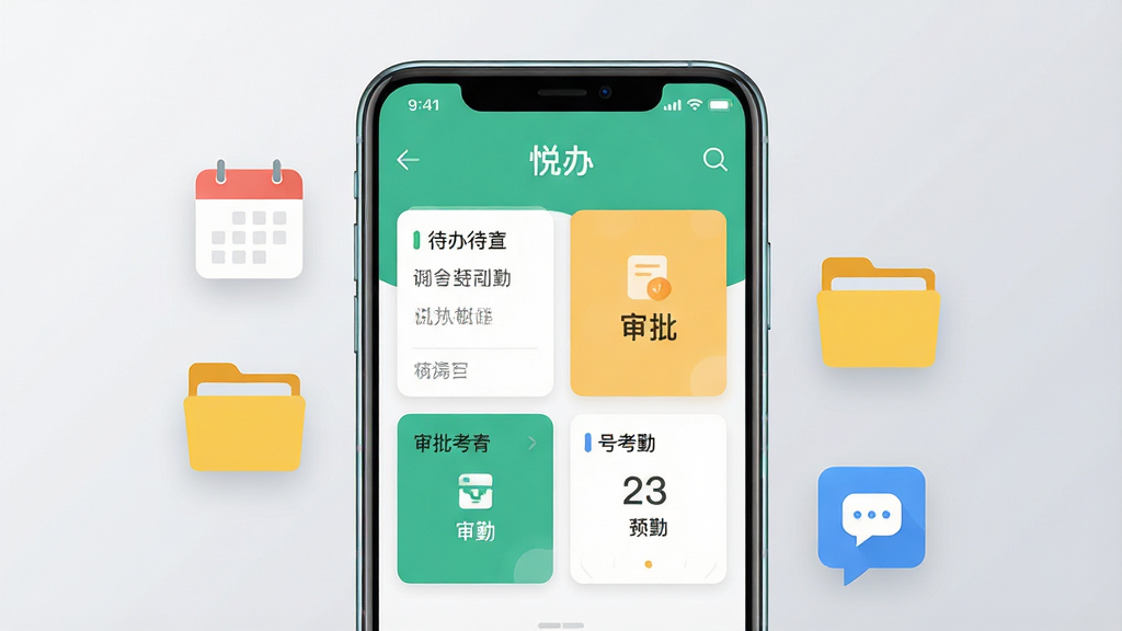 画面主体为一部竖屏安卓手机,屏幕中央展示“悦办”应用主界面,包含待办卡片、审批入口与考勤模块,手机两侧环绕悬浮的日历、文件夹与消息气泡图标;布局采用居中对称构图,背景为浅灰渐变;风格为清爽扁平化UI展示风,细节上手机边框带有轻微高光,图标边缘干净利落,界面文字清晰可辨;画质为高清2K,画面干净无多余元素。