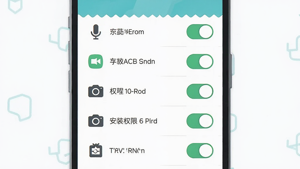 一张展示手机应用安装权限设置界面的示意图,主体为手机屏幕上的权限开关列表,布局为竖向列表构图,风格为简洁的科技扁平风,细节包含麦克风、存储、相机等权限图标与开关状态,画质清晰、干净、无多余元素
