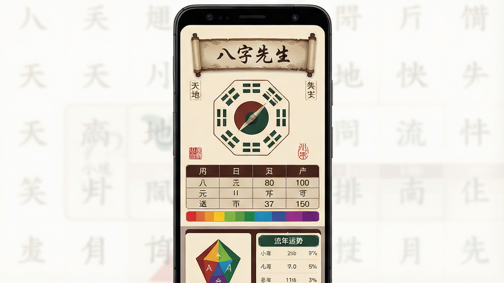 一张手机应用界面展示图,画面中央是一部竖屏安卓手机,屏幕内显示“八字先生”应用的主界面,上方有古朴的卷轴式标题栏,中间是八卦罗盘与四柱排盘表格,下方是五行色彩条与流年运势卡片,整体布局对称工整,风格为传统中式简约风,配色以米黄、深棕、墨绿为主,细节包含天干地支字符、小号印章图标,画质清晰干净,无多余装饰元素