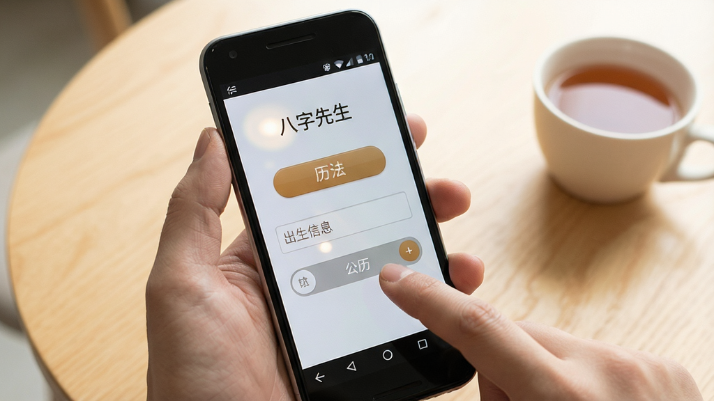 一张手机使用场景图,画面为一只手握持安卓手机,屏幕显示“八字先生”应用的新手引导页面,页面上有历法选择按钮与出生信息输入框,手指正点击“公历”选项,背景为浅色桌面与一杯茶,布局为手持特写居中,风格为生活化写实风,配色以暖白与浅木色为主,细节包含屏幕反光与手指按压动作,画质清晰干净,无多余杂物