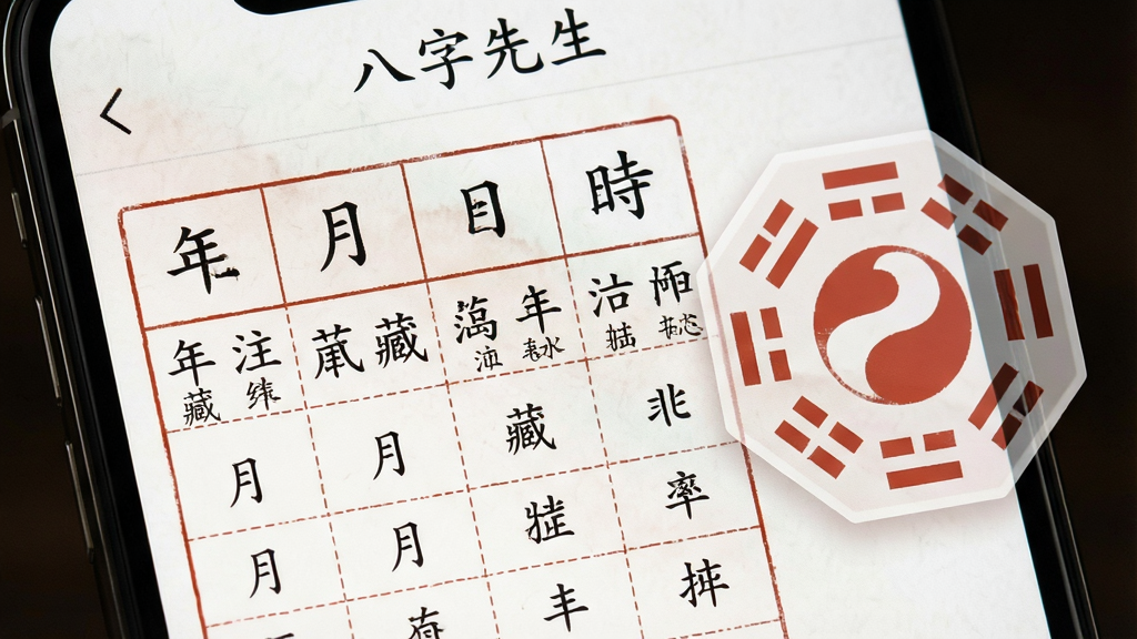 一张手机屏幕特写图,画面主体为“八字先生”应用的四柱排盘结果页面,表格中清晰列出年柱、月柱、日柱、时柱四列,每列上方有干支字符,下方有藏干与十神小字标注,右侧悬浮一个半透明八卦罗盘图形,布局为上下结构,风格为古典文书风,配色以宣纸白与朱砂红为主,细节包含细线表格边框、小楷字体,画质干净清晰,无杂乱元素