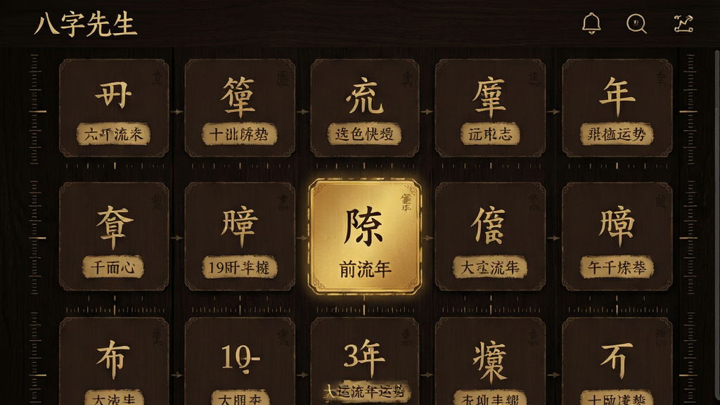 一张应用功能展示图,画面为“八字先生”大运流年模块的手机截图,屏幕中横向排列多个十年大运卡片,当前流年卡片高亮显示,卡片内包含干支字符与简短运势标签,背景为深色木质纹理,布局为纵向滚动列表,风格为沉稳古籍风,配色以暗棕与鎏金为主,细节包含细密的时间轴刻度线,画质清晰干净,无冗余图标