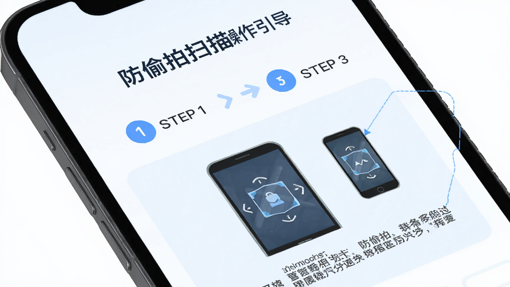 主体为手机屏幕显示防偷拍扫描的操作引导页面,页面中有步骤指示和图示说明;布局为上下结构,上方为步骤标题,下方为图示和文字说明;排版简洁友好;风格为浅色清新设计,蓝色主色调;细节包括步骤序号、箭头指引、手机图标;画质清晰干净,无多余元素