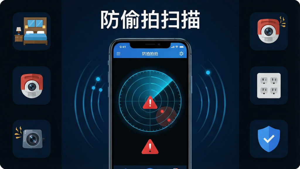 主体为一部智能手机屏幕显示防偷拍扫描软件界面,界面中央有雷达扫描动画和红色警示标识;布局为手机居中放置,周围环绕酒店房间、烟雾报警器、插座等常见隐藏摄像头位置的小图标;排版简洁明了,上方为软件名称“防偷拍扫描”;风格为科技感扁平化设计,蓝黑色调为主;细节包括扫描波纹、摄像头图标、安全盾牌元素;画质清晰干净,无多余元素