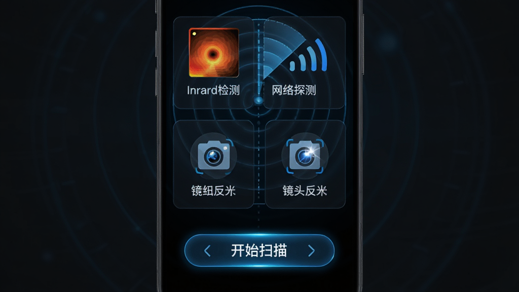 主体为手机屏幕显示防偷拍扫描的多维度扫描界面,屏幕上有红外检测、网络探测、镜头反光三个功能模块图标;布局为三个模块呈品字形排列,下方有开始扫描按钮;排版清晰规整;风格为深色科技风,蓝色光效点缀;细节包括雷达波纹、信号强度条、摄像头图标;画质高清干净,无多余元素