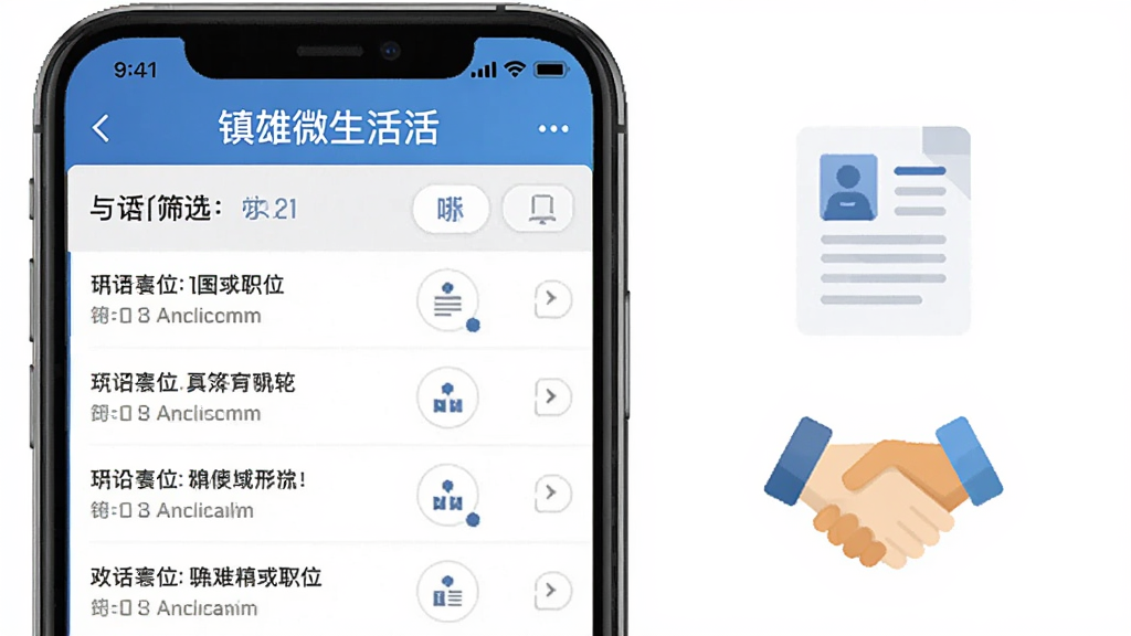 “镇雄微生活”招聘页面手机截图风格,屏幕显示职位列表与筛选条件,旁边有简历图标和握手图标,布局左文右图,风格扁平化商务,细节清晰,画质干净,无多余元素
